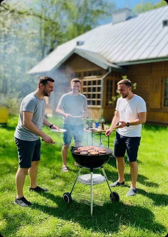trzech mężczyzn obsługujących grilla