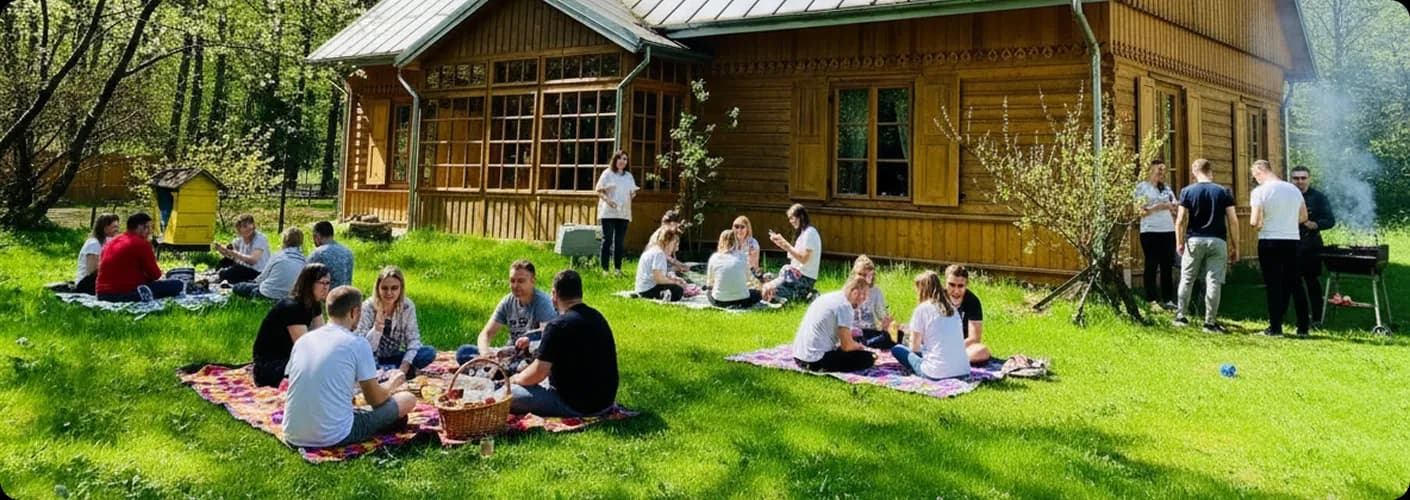 grupt ludzi na kocach w czasie pikniku, w tle drewniany dom